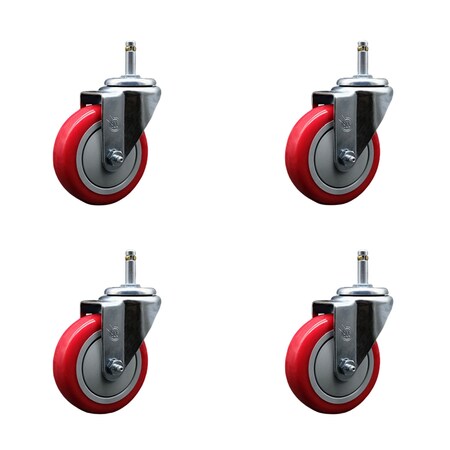 Service Caster 4'' Red Polyurethane Wheel Swivel 7/16'' Grip Ring Stem Caster Set, 4PK SCC-GR20S414-PPUB-RED-716138-4